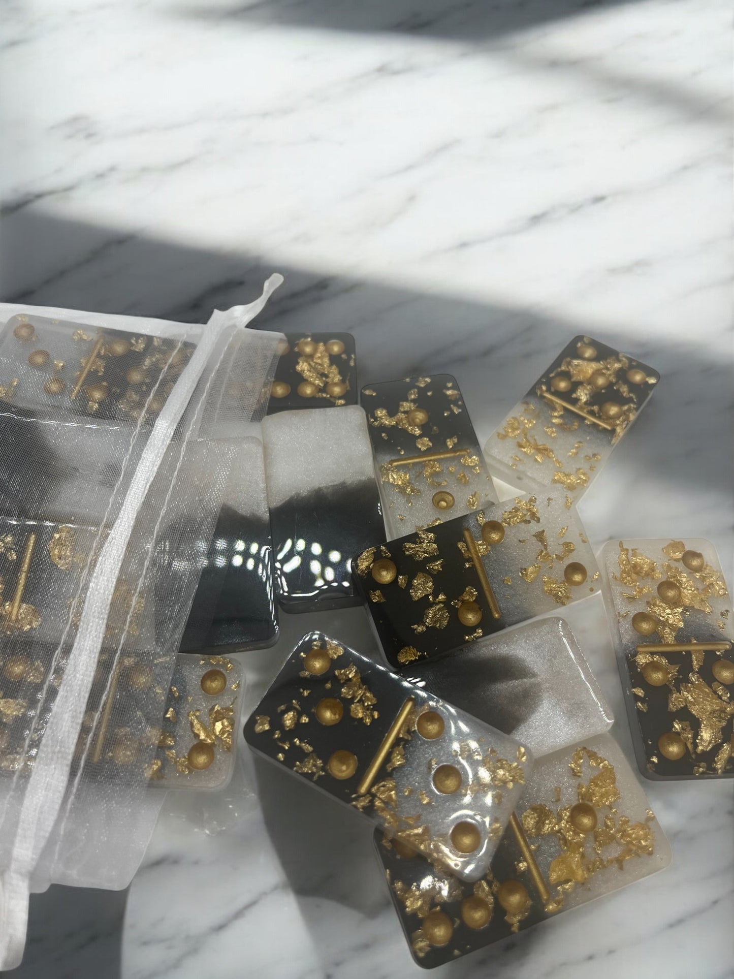 Black and White With Gold Flakes Resin Dominoes