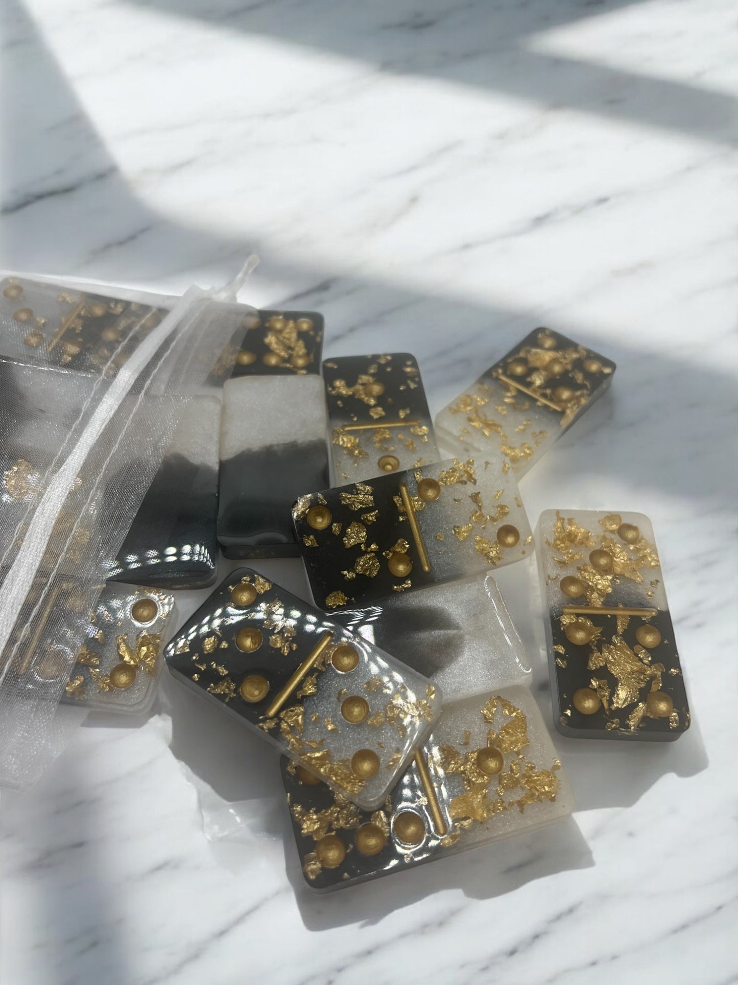 Black and White With Gold Flakes Resin Dominoes
