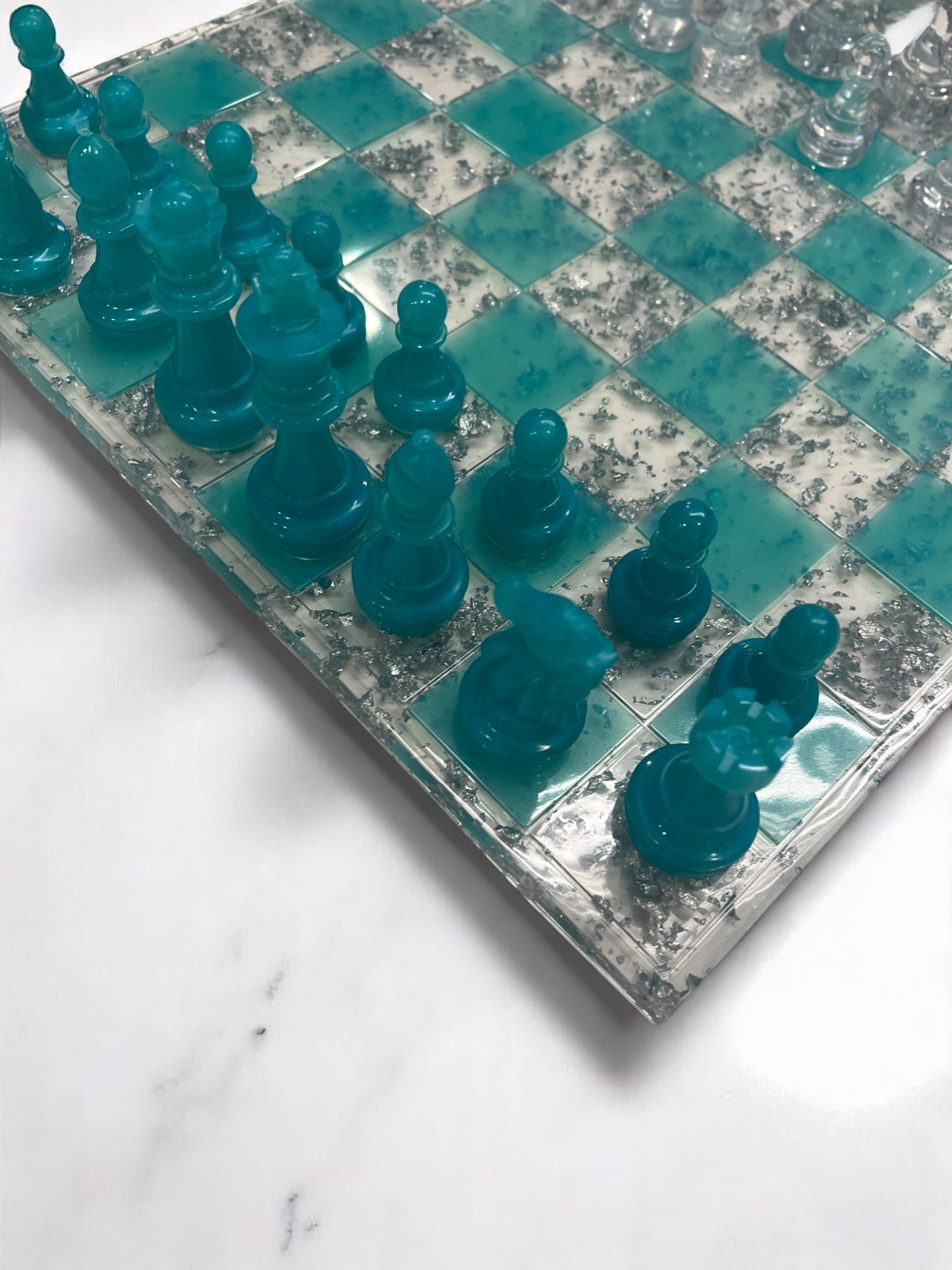 Ice Green and Silver Flakes Resin Chess Board